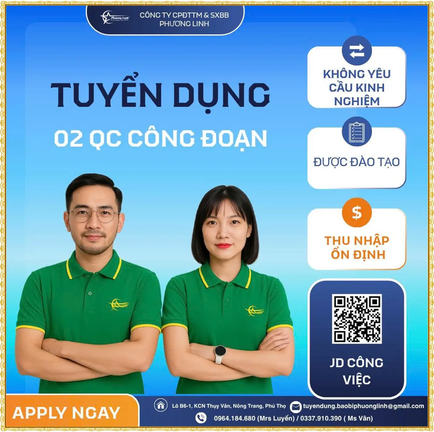 Tuyển QC công đoạn tại Phú thọ