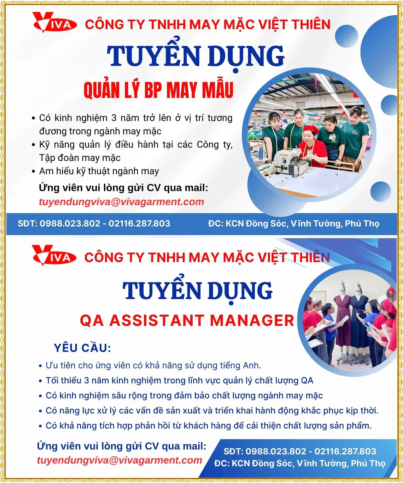 Tuyển quản lý bộ phận may mẫu tại Phú Thọ